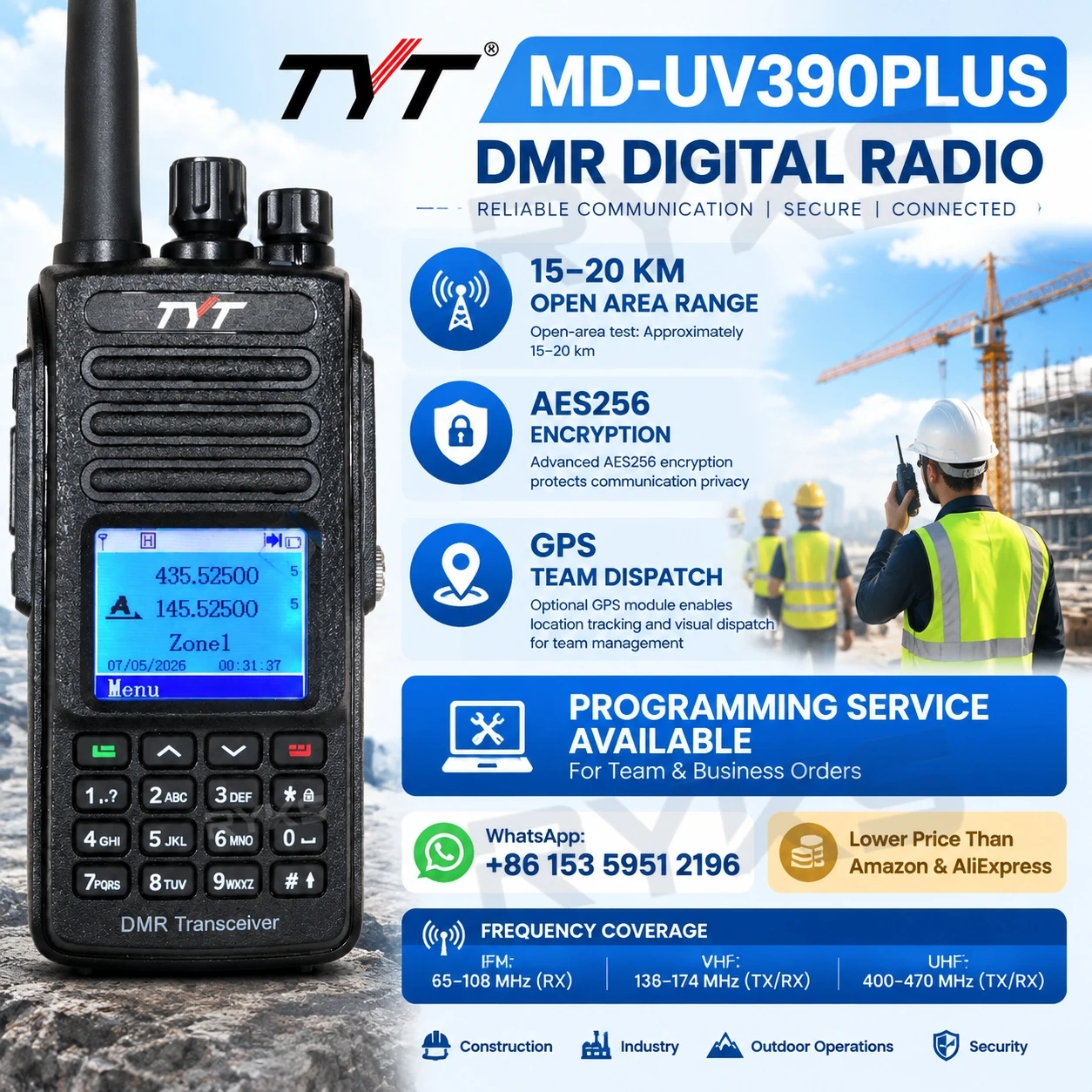 TYT MD-UV390PLUS DMR Digital Radio VHF UHF Walkie Talkie AES256 Encryption GPS IP67 Waterproof 3600mAh Professional Ham Radio