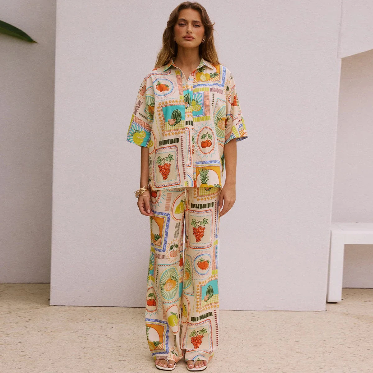 

Women Shirt Collar Single Breasted Floral Print Linen Fashion Casual Spring Summer Shrit Pants Suits