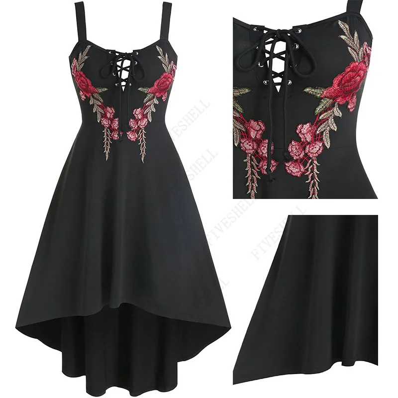 2023 New Women Summer Retro Embroidered Slip Dress Black Floral Lacing Irregular Dresses Gothic Backless A-Line Sun Dress