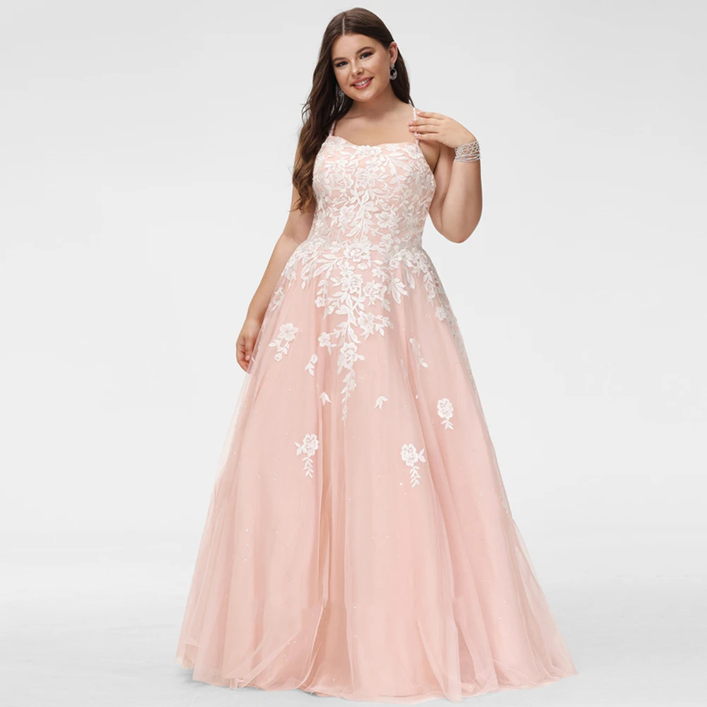 Customized Pink Plus Size Prom Dress Lace Appliques Spaghetti Strap Tulle A-Line Bridesmaid's Gown Beading Backless Oversize Par