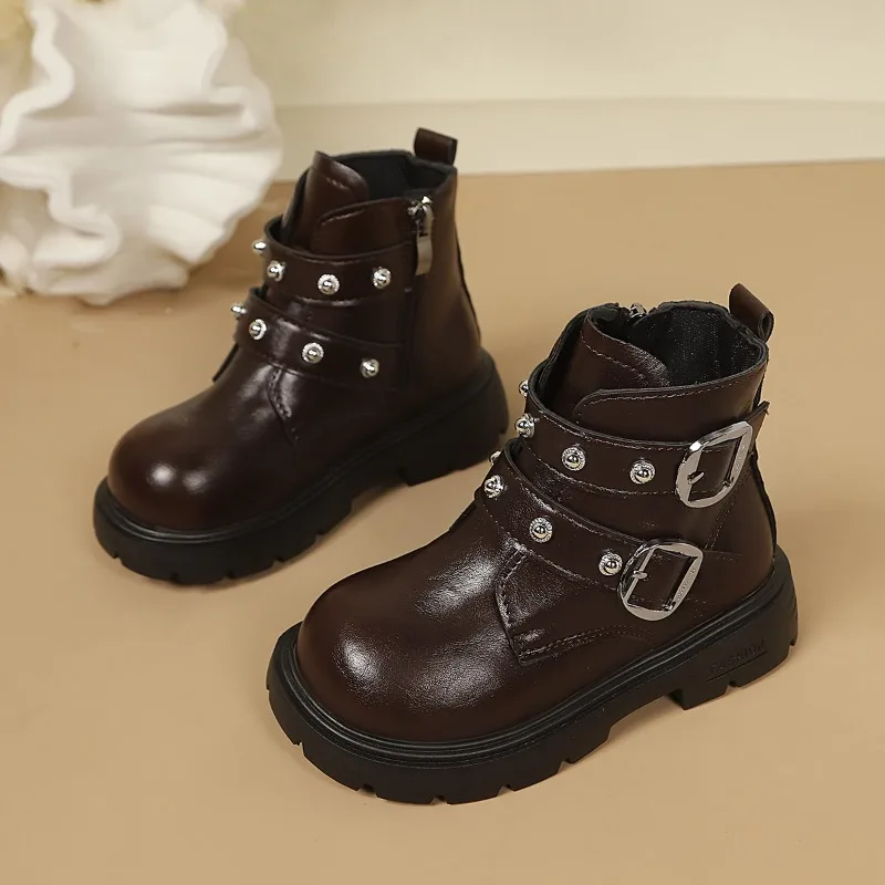 Kids Leather Boots Round Toes Side Zipper Girls Casual Boots Soft Bottom 2026 Brand New Children Fashion Boots Non-slip