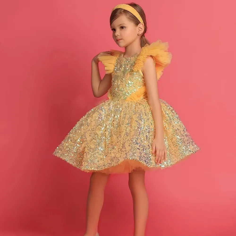 

Golden Luxury Puffy Baby Lush Birthday Party Dress For Girls Elegant Evening Dresses For Baby Girls Party Frock For Wedding Kids