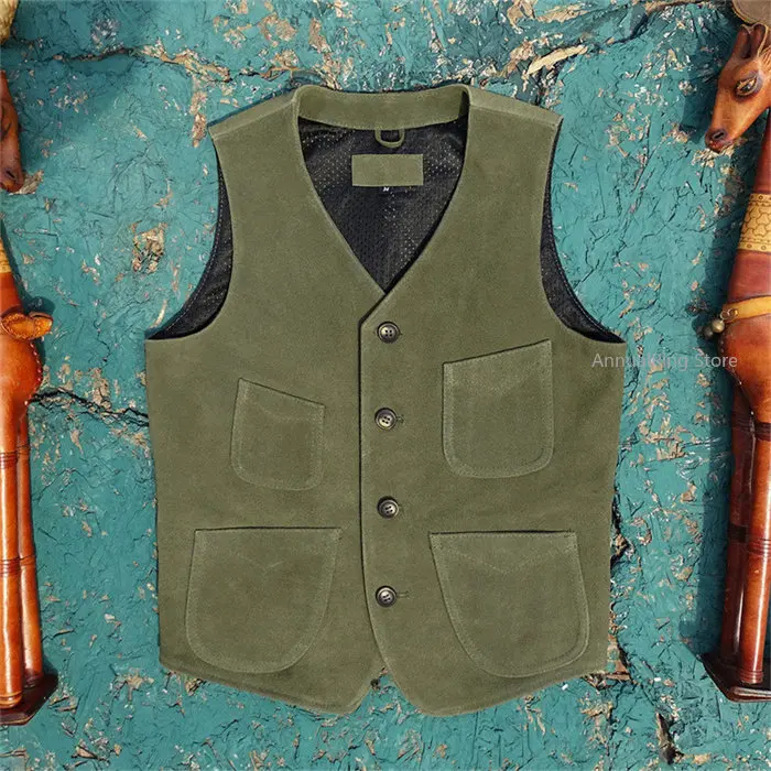 Men Dark Green Suede Cowhide Genuine Leather Vest 4‑Pocket American Vintage Amekaji Style Waistcoat