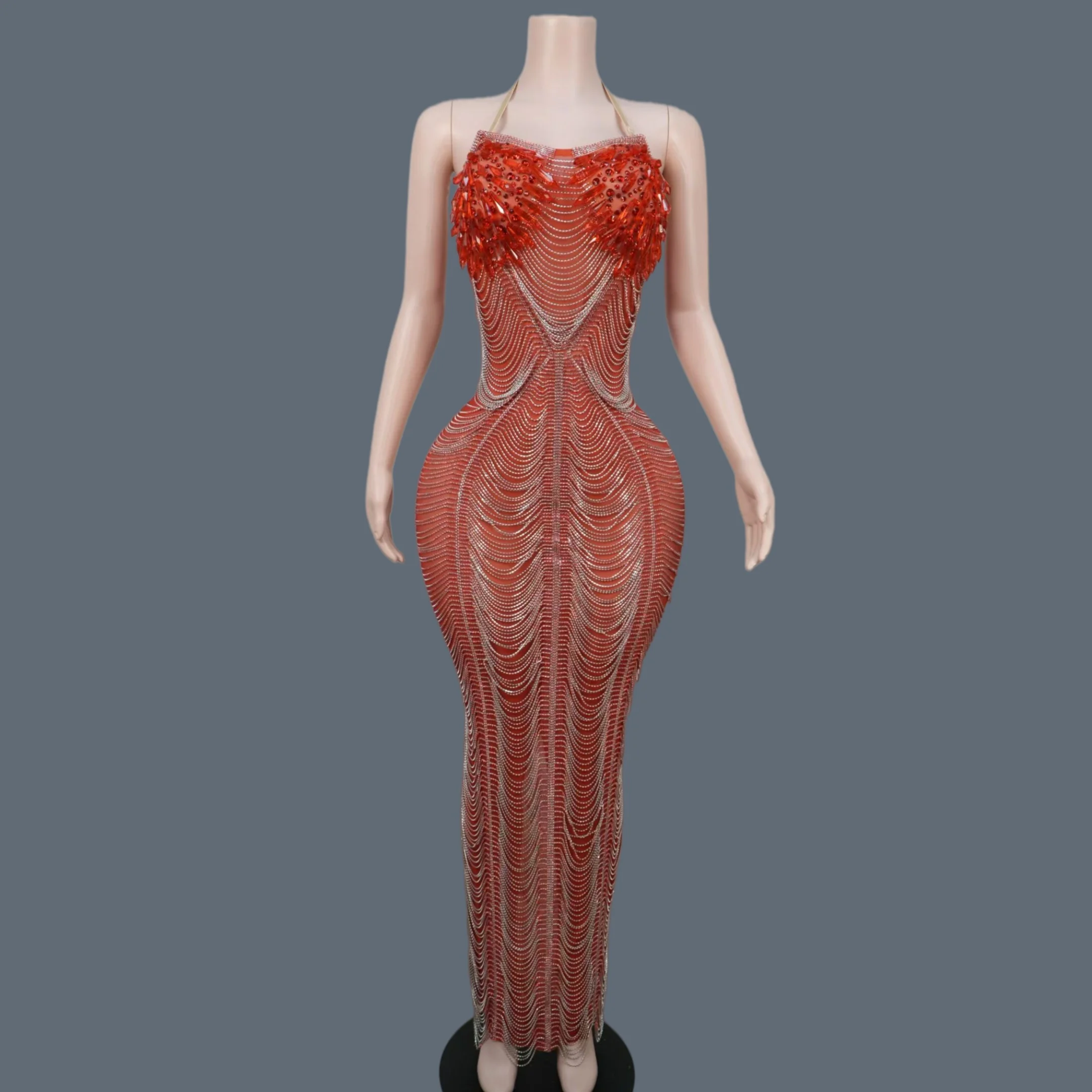 

High-end Luxury Crystals Evening Gown Birthday Prom Long Dress Photo Shoot Wear Bar Sparkly Rhinestone Chains Sexy Outfit Ailisi