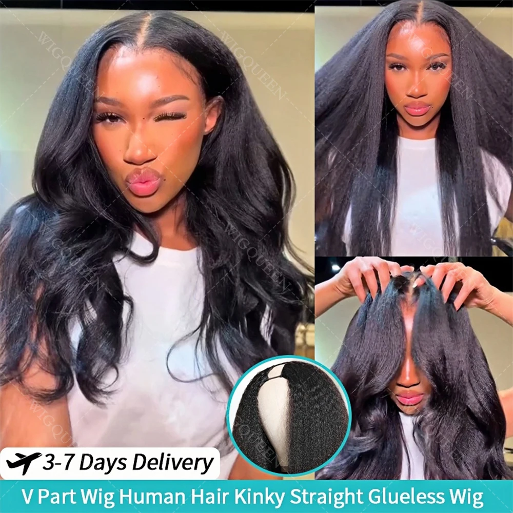 

V Part Kinky Straight Human Hair Wig 250% Upgrade No Leave Out V Shape Glueless Wig Full Machine Made 12A Clip in Half Wig