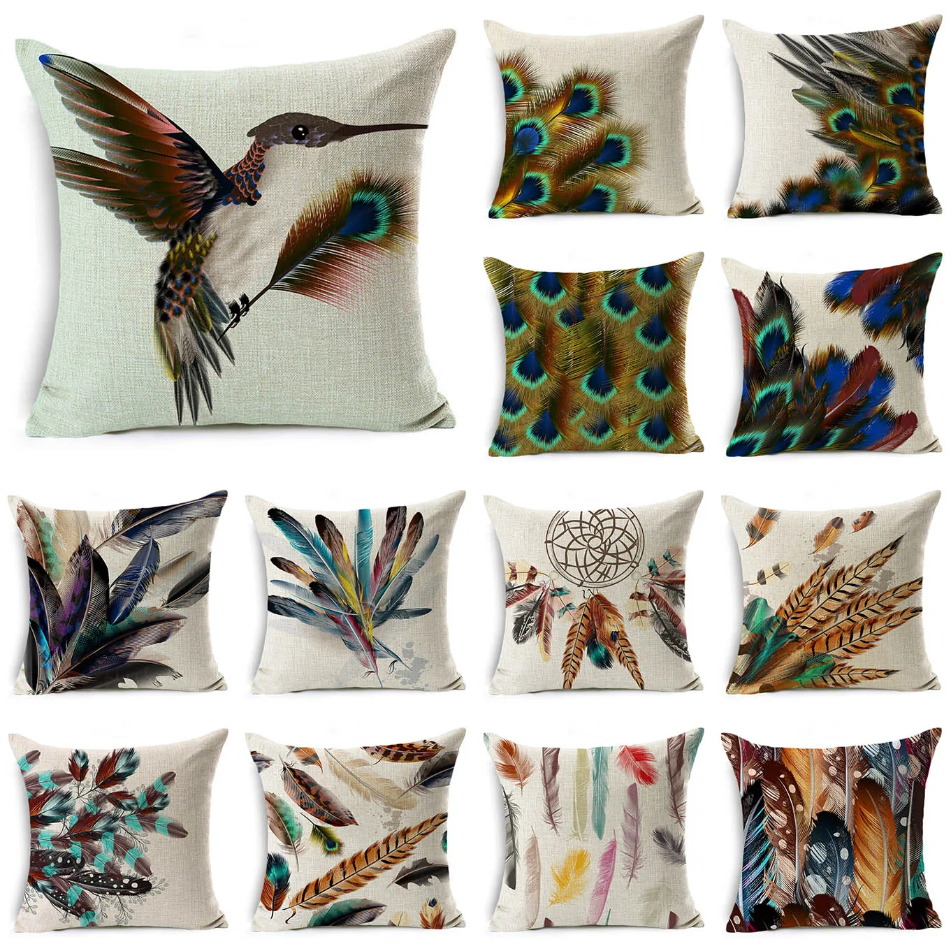 Peacock Feather Pillowscase Bird Feather Cotton Linen Pillow Case for Bedroom Bed Sofa Decor Home Pillow Covers Decorative Sofa