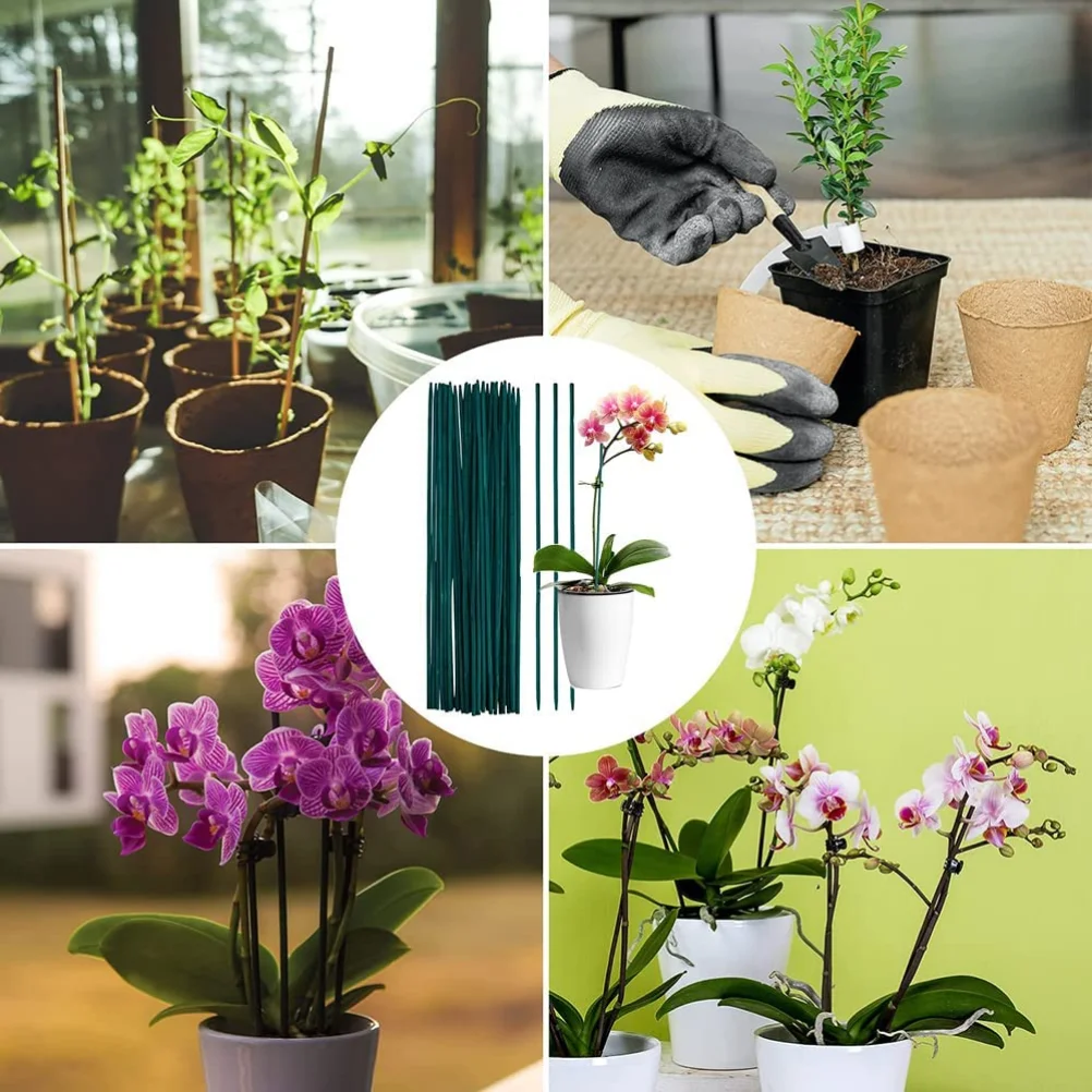 100Pcs Bamboo Green Sticks Plant Support Flower Stick Orchid Rod Plant Sticks for Supporting Climbing Plant Orchid Tomato