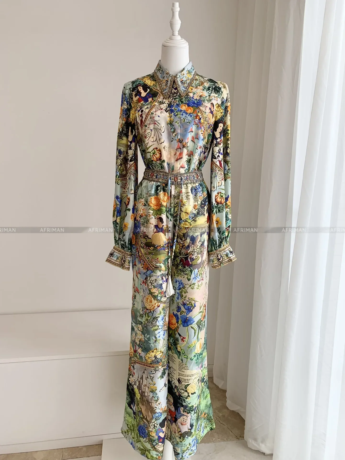 2024 Cartoon Print Heavy Beaded Silk Shirt+ Elastic Waist Wide Leg Long Pants Set