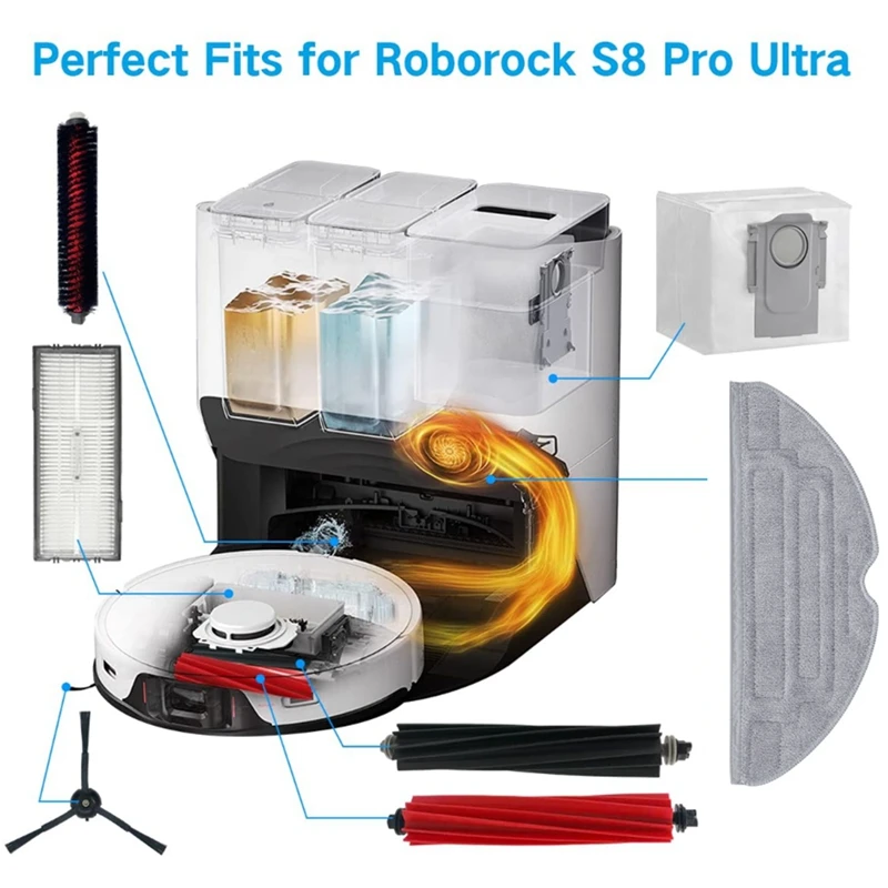 Pièces d'aspirateur robot pour Roborock S8, S8 Pro, Ultra, S8 +, brosses latérales principales, vadrouille, remplacement des sacs à poussière Everths HEPA Pound