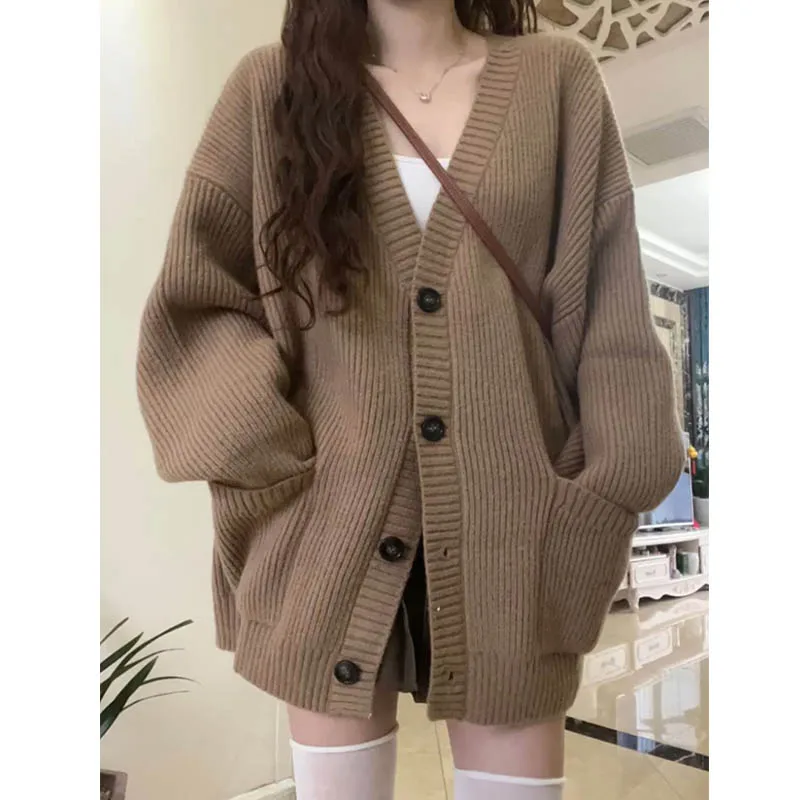 V-neck Single Breasted Sweater Cardigan Women\'s Coat Spring Autumn Korean Loose Knit Top Women Clothing