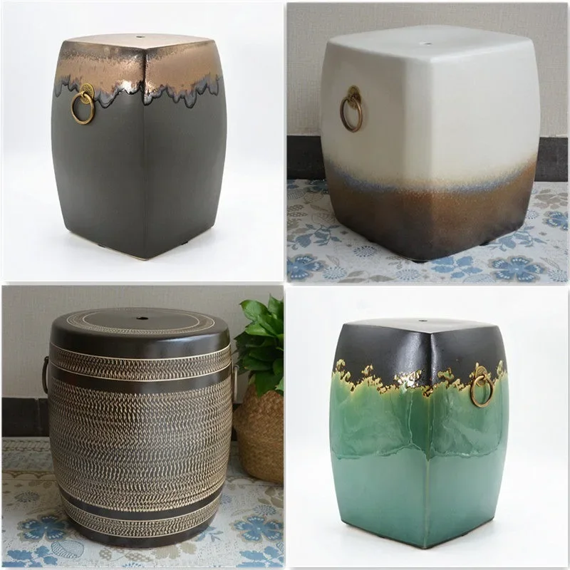 Chinese Glazed Ceramic Garden Stool Square Drum Shape Brass Indoor Outdoor Plant Stand Entryway Shoe Changing Accent Side Tabl