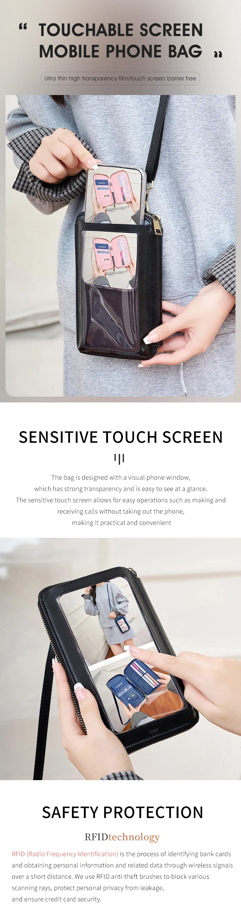 Damenhandtasche, Touchscreen, Handy-Geldbörse, Umhängetasche, modisch, multifunktional, Damen-Geldbörse, bietet Platz für Reisepass, Umhängetasche – Detail 1