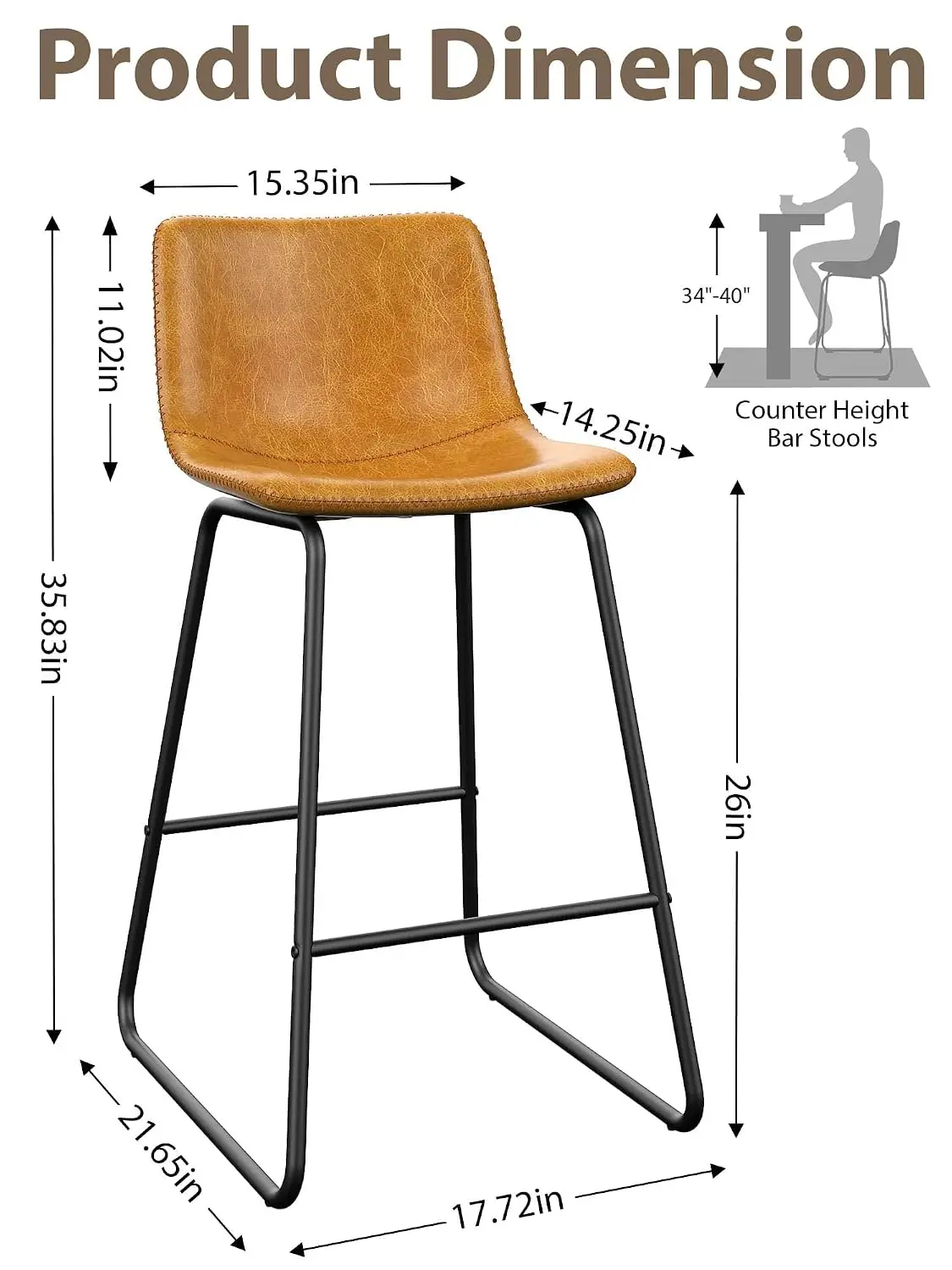 Set of 4 26 Inch Counter Height Bar Stools, Whiskey Brown Faux Leather Chairs with Ergonomic Backrest and Metal Legs