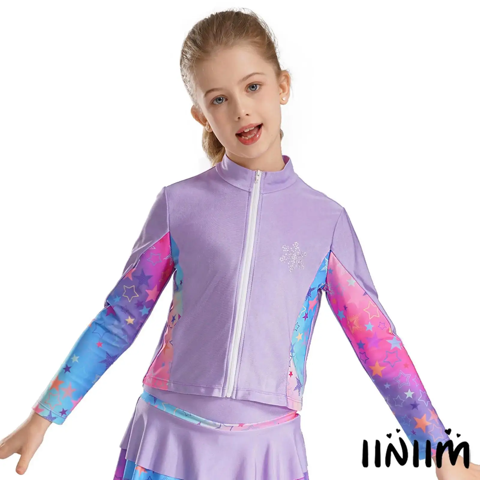 

Kids Girls Gymnastics Ballet Dance Workout Costume Shiny Metallic Striped Jacket Stand Collar Long Sleeve Zipper Sweatshirt