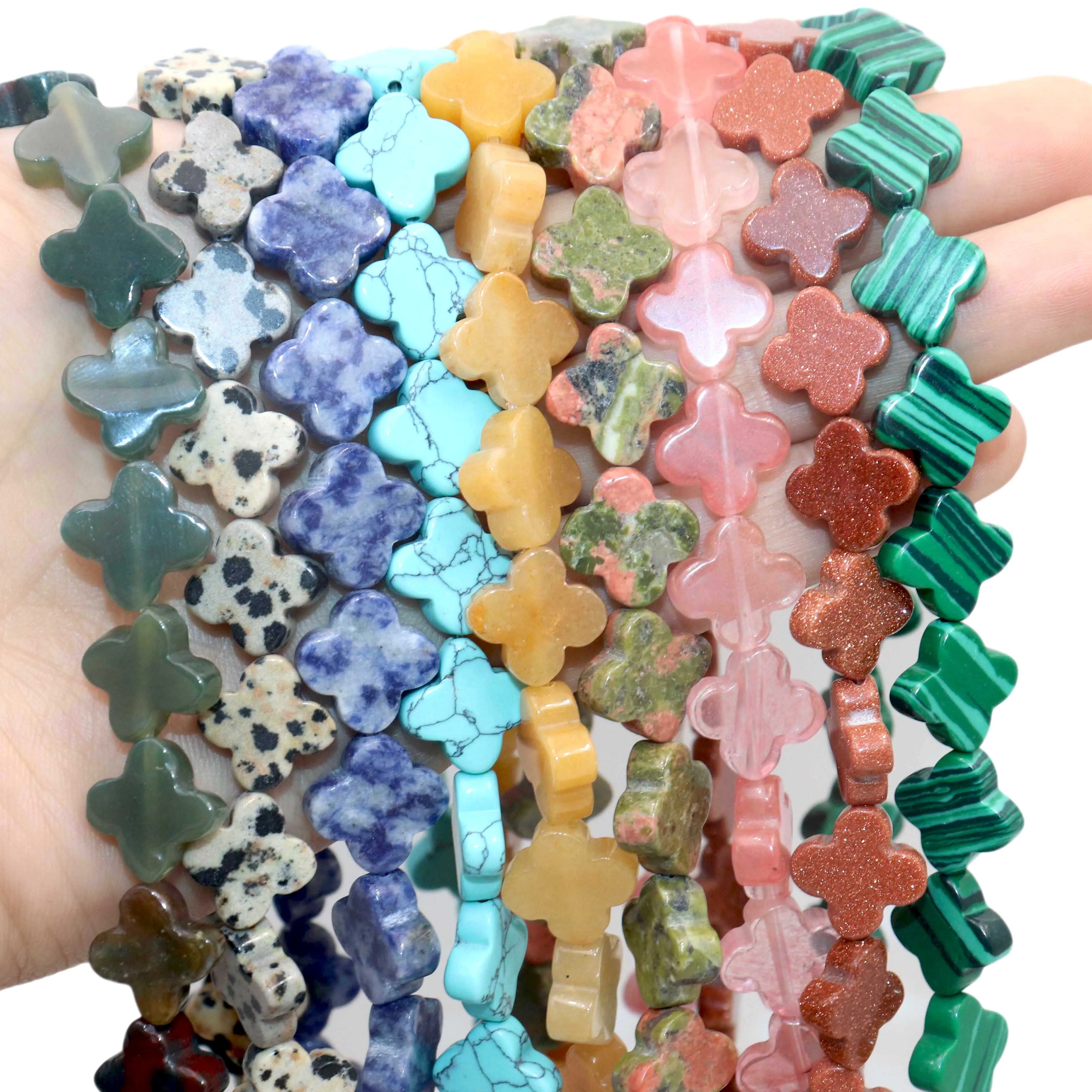 14MM Clover Shape Natural Stone Agates Quartzs Jaspers Spacer Loose Beads For Jewelry Making DIY Bracelet Necklace Accessories