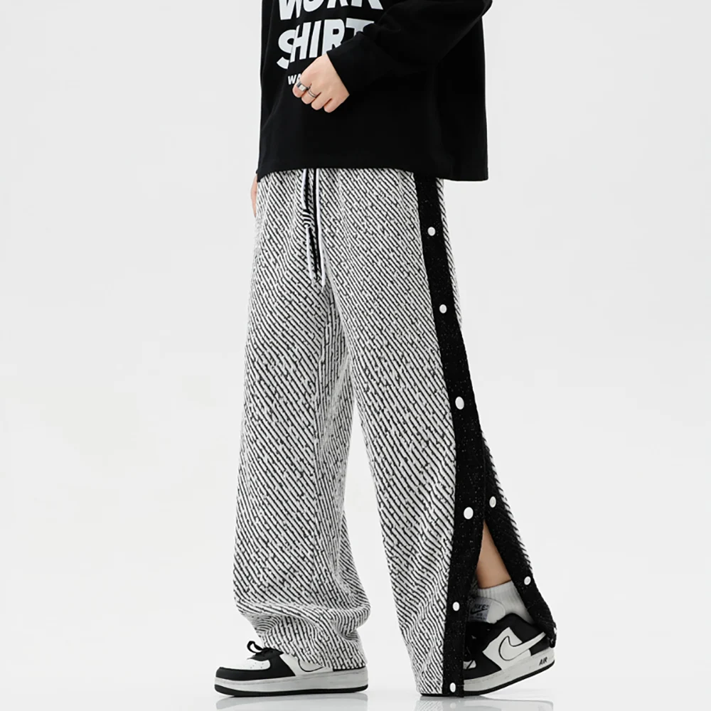

Striped straight-leg basketball pants, full-length button-up pants, patterned pants, men's high street sport casual pants
