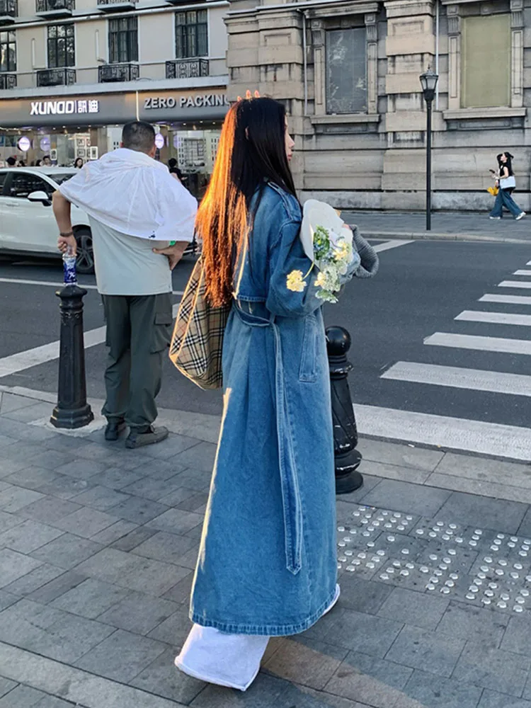 Trench-coat en denim à double boutonnage, style hongkongais, pour le printemps 2025, sens du luxe et rétro, ample, décontracté, tendance