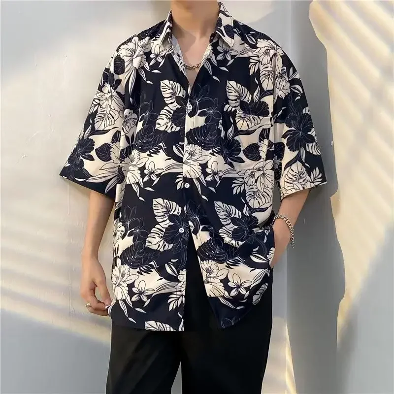

Man Shirt with Pocket Black Short Sleeve Floral Print Designer Sleeves Button Up Elegant Korean Style Normal Sale Shirts for Men