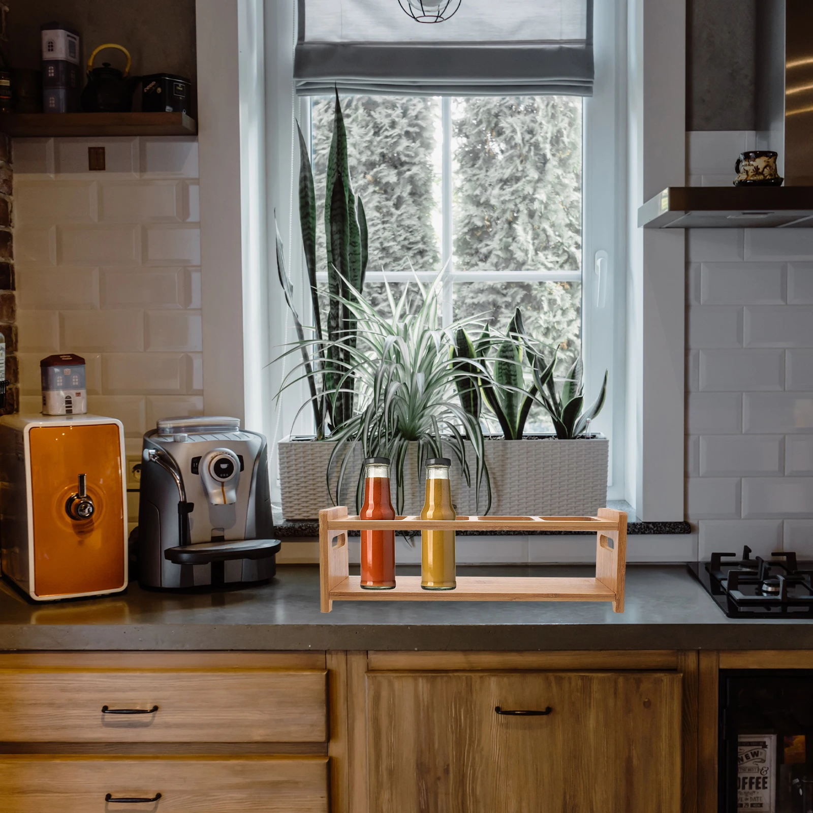 

1Pcs Seasoning Jars Bottle Rack Four-Holes Bamboo Kitchen Spice Storage Organizer Condiment Bottle Holder Space Saver