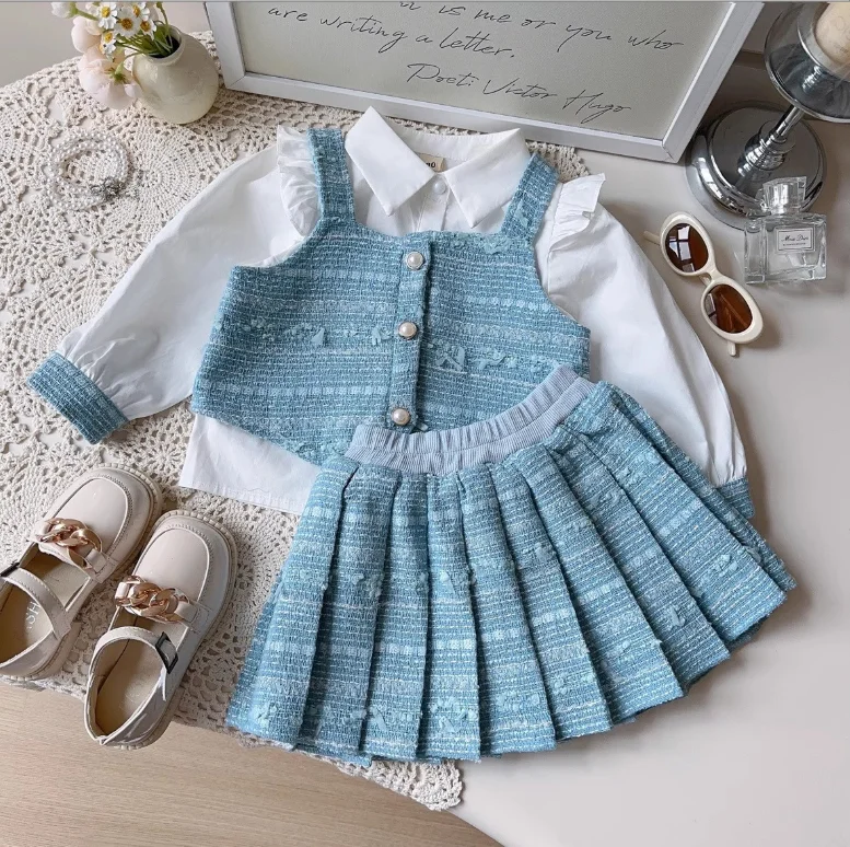 

Новые осенние модные комплекты из 3 предметов для маленьких девочек, жилет + блузка + S информационные элегантные костюмы принцессы, 2–7 лет