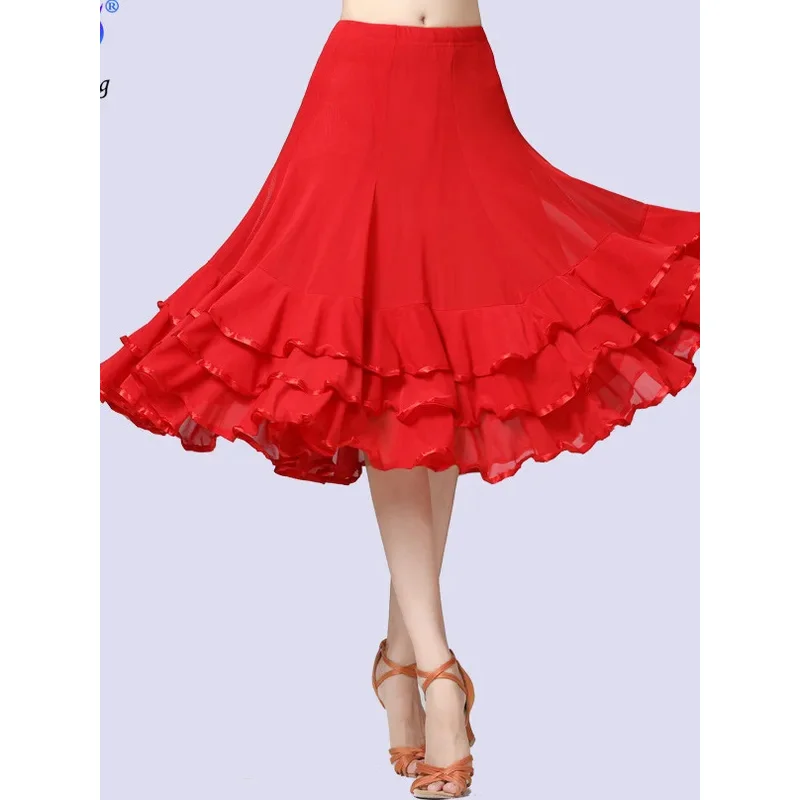 New Style Ballroom Dance Dress Gauze Swing Skirt Latin Dance Social Dance Practice Half Length Dance Solid Ruffle Edge Skirt