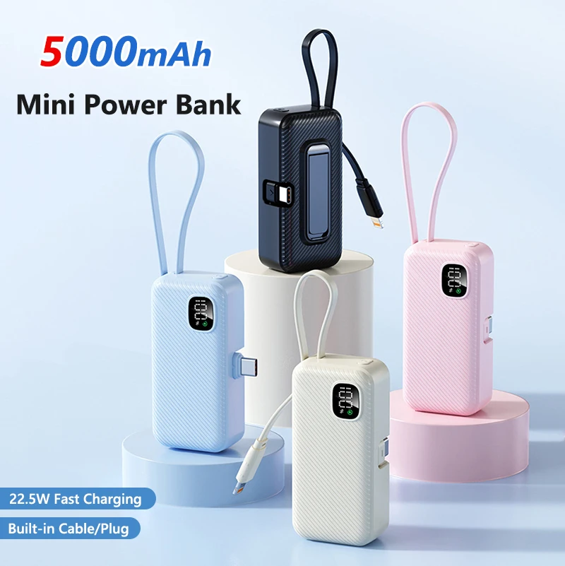 

22.5W Fast Charge Power Bank 5000mAh With Cable External Battery Powerbank for iPhone 17 16 Pro Samsung Xiaomi Portable Charger