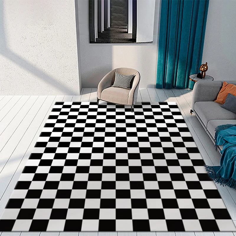 

Living Room Carpet Large Size Black White Chessboard Carpets Sofa Coffee Table Floor Mat Minimalist Style Home Decoration Rug