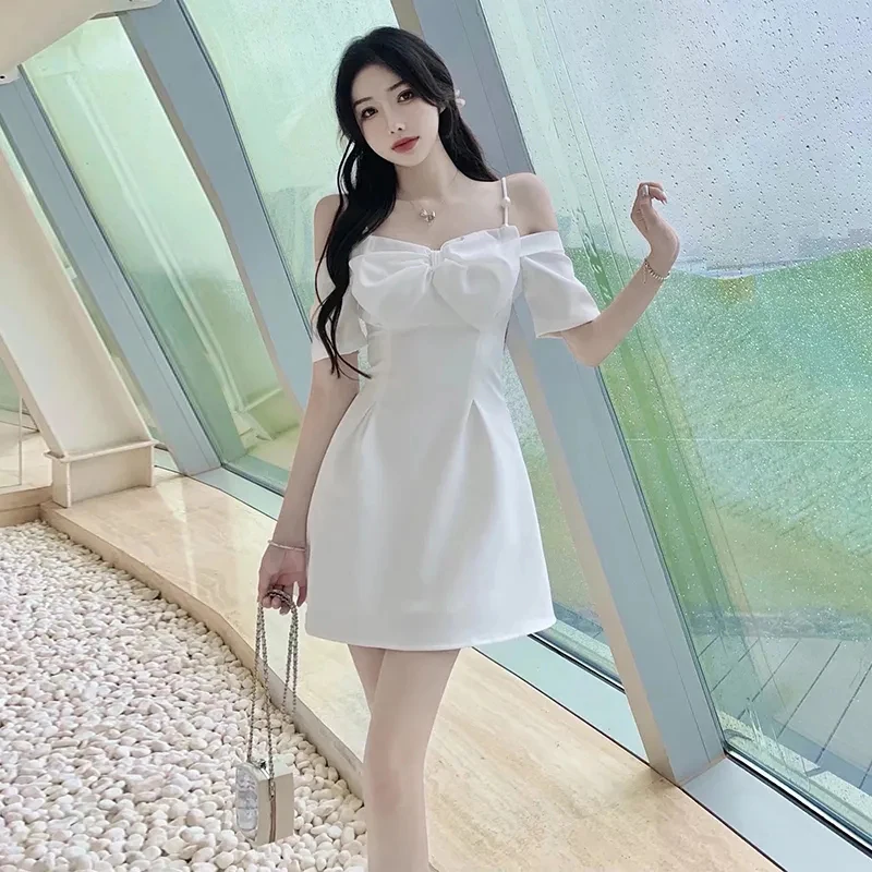 Zoki Bow Sexy Slash Neck Dress Women Summer Korean Elegant White Mini Dress Fashion All Match Party Night Camis Vestidos