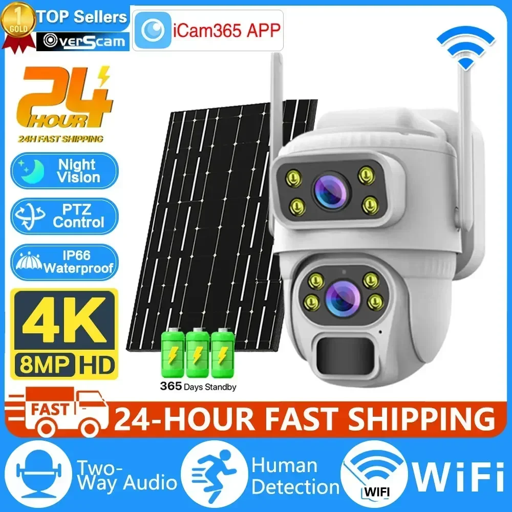 

8MP 4K Solar Wirelesss IP Dual Screen Camera Battery Outdoor HD 4MP Dual Lens WiFi Waterproof Camara Solar Panel CCTV Security