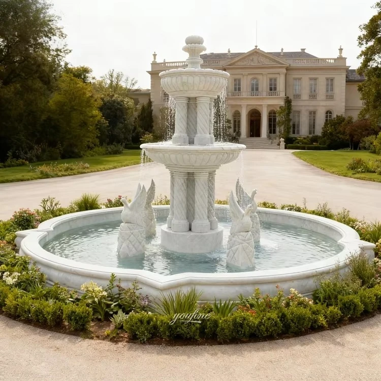 Outdoor Large Classical Stone White Marble Dove Water Fountain Sculpture for Driveway Center