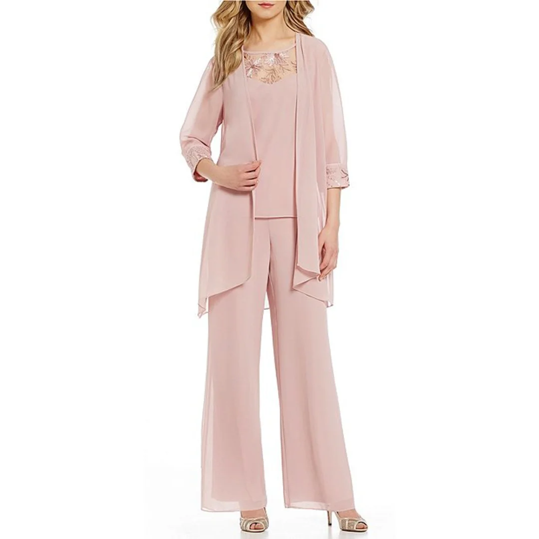 Tenue de mère de la mariée rose blush personnalisée, robes 3 pièces, veste fluide en mousseline, haut orné d'événements de mariage