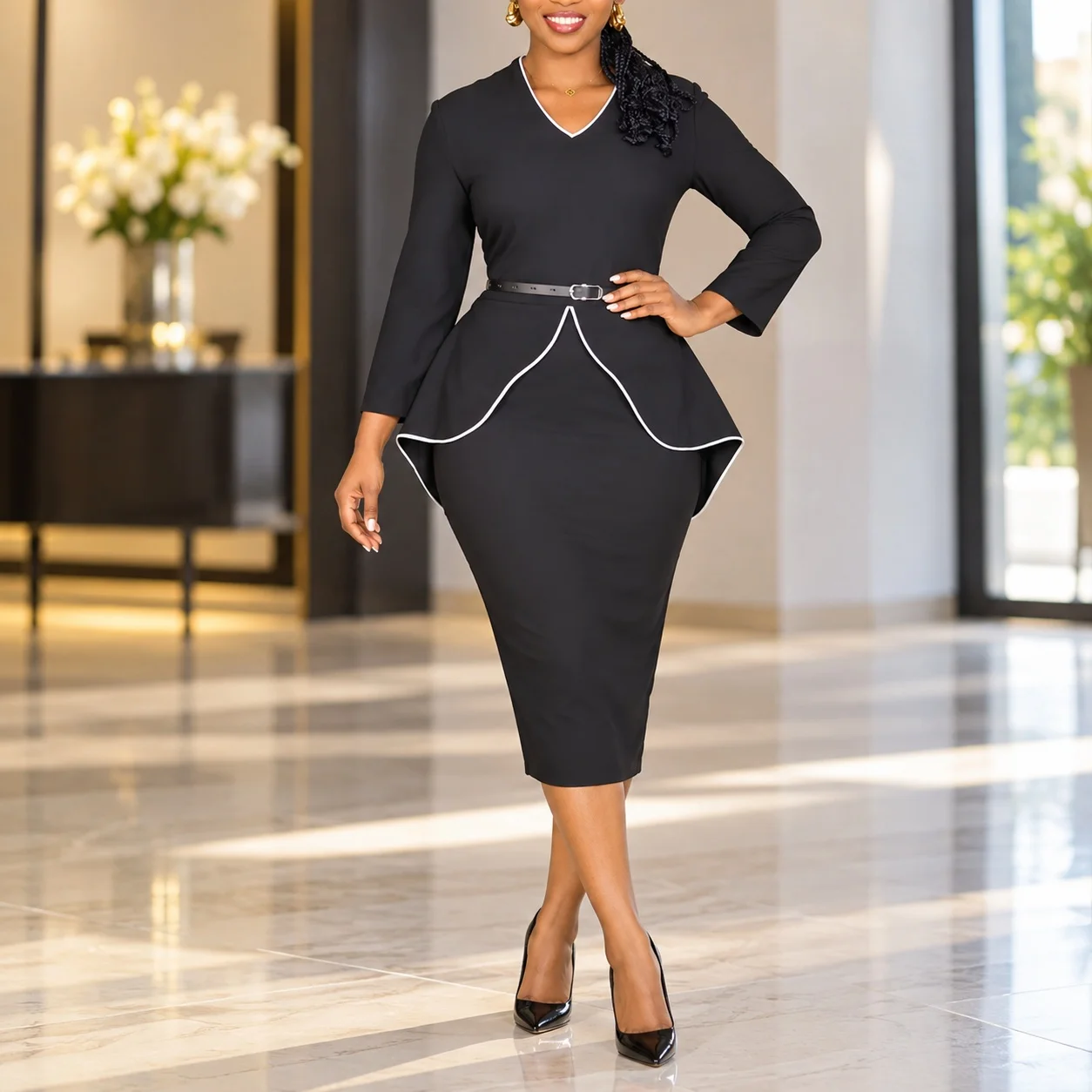 Ruffle Single Dress with Tight Fit Bodycon Silhouette High Waist Square Neckline Short Sleeve Elegant Style Dresses for Women
