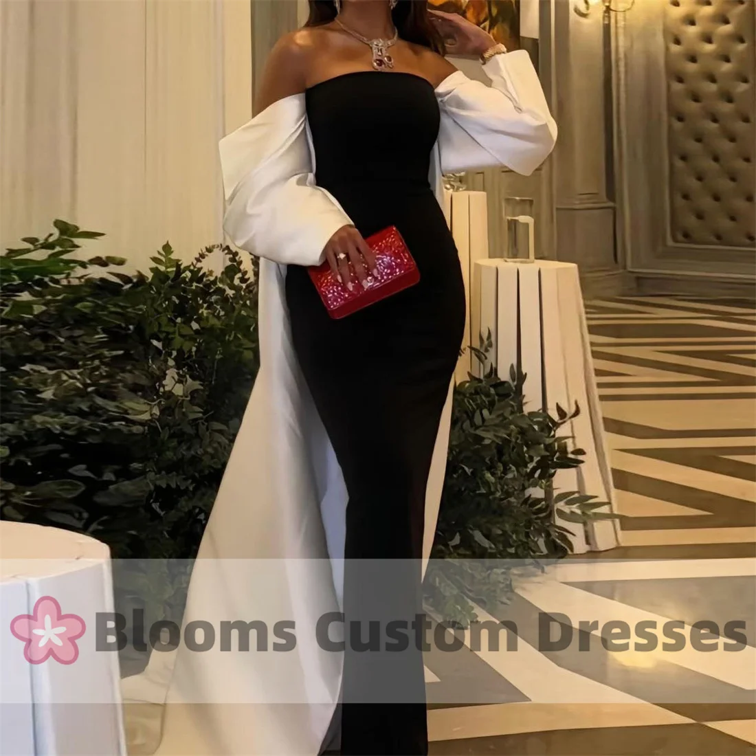 Abito da ballo personalizzato bianco nero vintage Blooms Abito da cerimonia formale in crêpe di raso con maniche lunghe e strascico posteriore Abiti da sera per feste