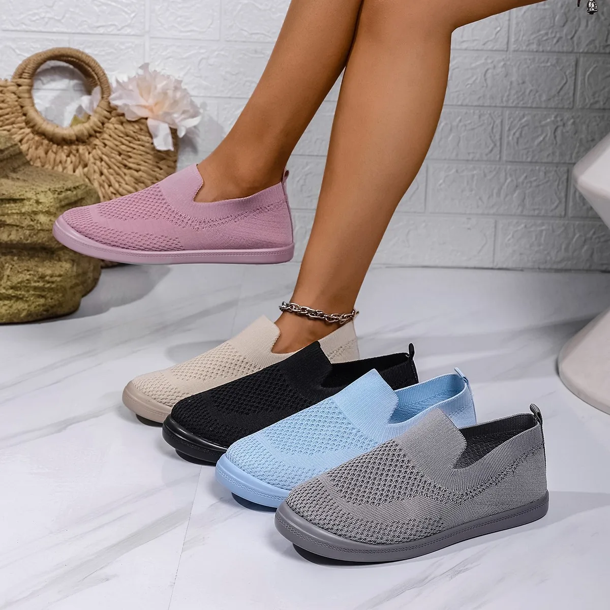 حجم كبير الترفيه الشقق 2025 صيف جديد لينة أسفل أحذية فلكنيز عادية شبكة جوفاء الانزلاق على الصلبة حذاء واحد مسطح #2