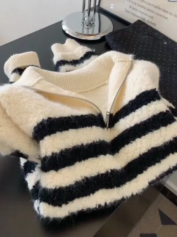 

Корейский свитер в полоску на молнии, женский осенне-зимний новый ленивый мягкий теплый вязаный топ, свободная посадка, повседневная одежда