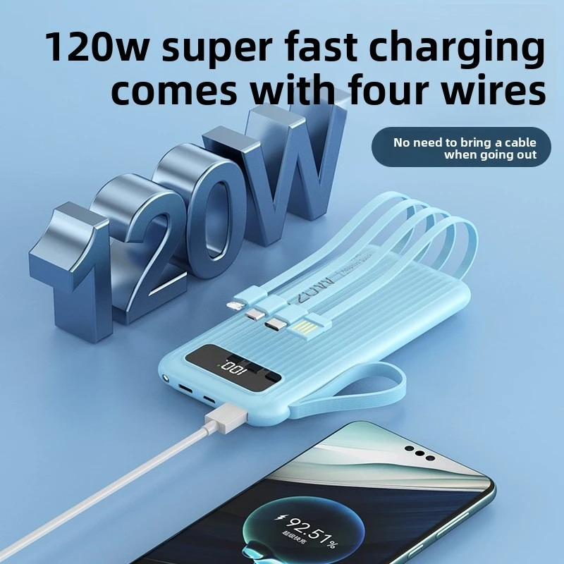 Powerbank 10000mAh 120W z wbudowanymi kablami, super szybkie ładowanie, do iPhone'a, Xiaomi, Huawei, Samsunga, lekki i cienki.