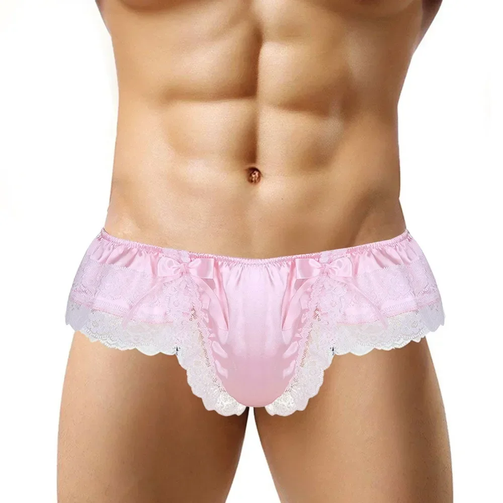 See-Through Men Lace Briefs Underwear Sissy Penis Big Pouch Panties Sexy Satin G-String Thong Exposed Butt Underpants Gay Thong