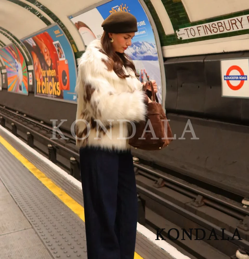 KONDALA femmes haute rue tacheté fourrure veste automne hiver revers fausse fourrure veste ample manteau 2026 à la mode élégant Chic femme manteau