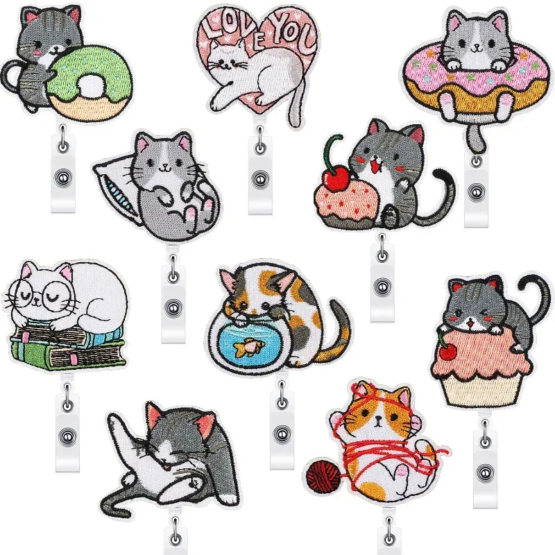 Embroidery Badge Reels Cartoon Cat Retractable Badge Reels Kawaii Chest Pocket Clips for Work Card ID/IC Card Holder