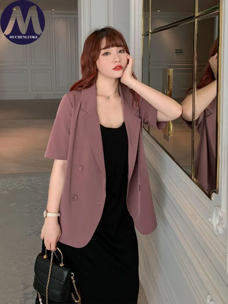 Women's Oversize Short Sleeve Thin Blazer Coats, Casual Loose Blazers, Office Tops, Korean Fashion, Summer, New, 2024