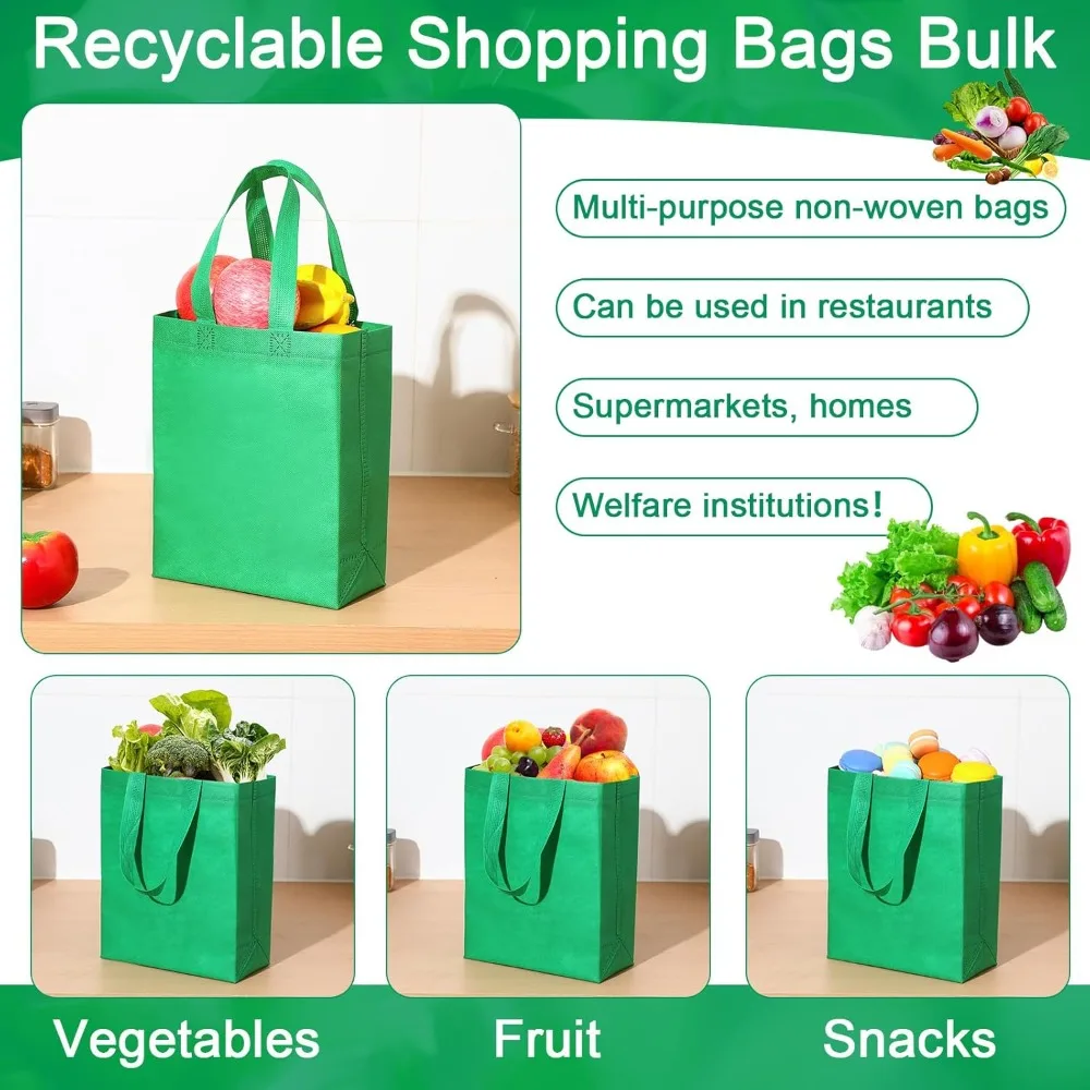 Herbruikbare draagtassen bulk, 200 stuks, 8x4x10 inch, niet-geweven, groene boodschappentassen met handvatten voor cadeaubakken