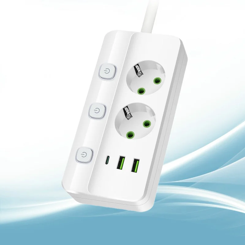 White 2m Extension Cable EU Plug Standard Socket USB And Type-C Charging Ports LED Independent Switch 2500W Rated Power