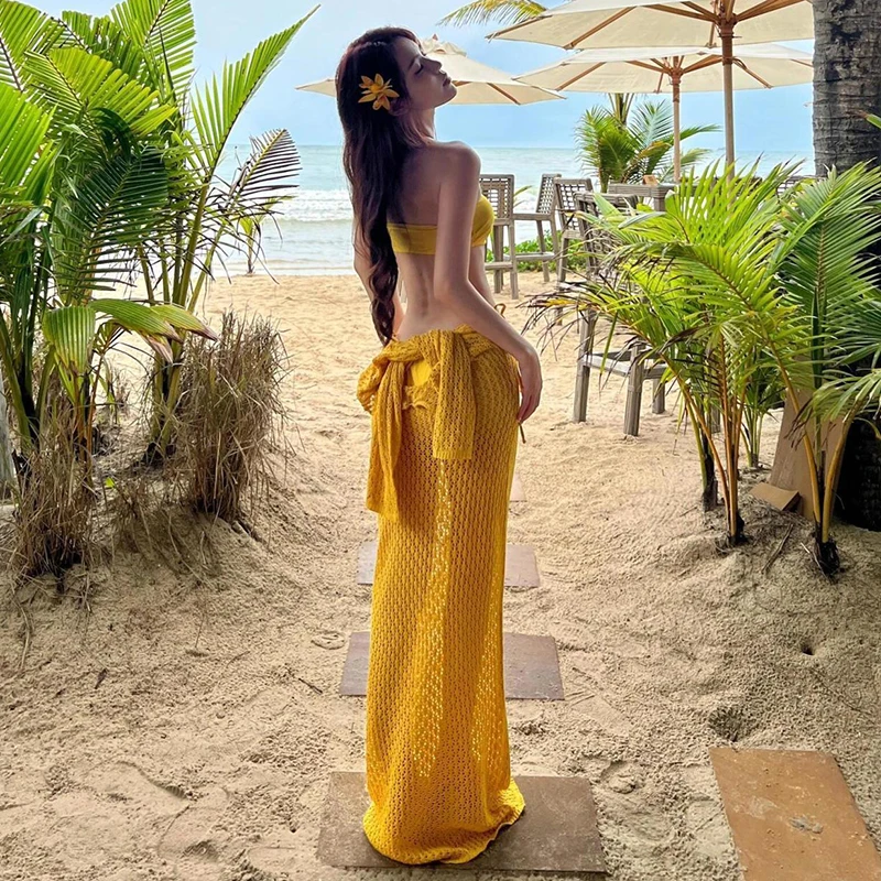 New Women's Swimsuit Yellow High-End Bikini Set Vacation Hot Spring Swimming Costume Sexy Women Elegant Split Skirt Style