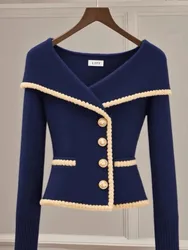 Light Luxury High-End Navy Blue Cardigan Sweater For Women, 2024 Autumn And Winter New Fashion Versatile Knitted Top