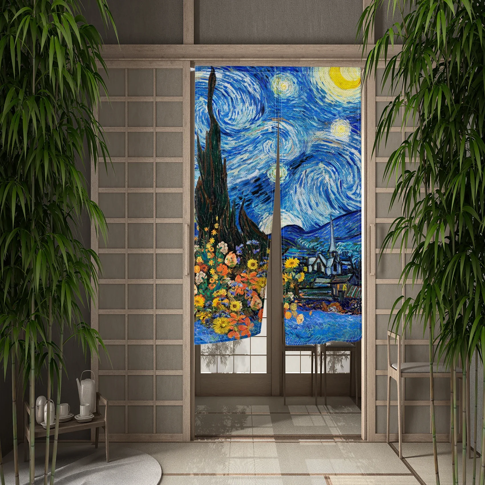 Van Gogh Painting Starry Door Curtain Abstract Art Impressionist Screamer Kitchen Short Door Curtain Bedroom Room Partition