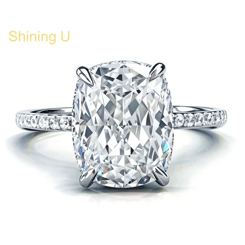 Shining U 925 Sterling Silver 8*10mm Cushion High Carbon Diamond Ring for Women Engagement Wedding Fine Jewelry