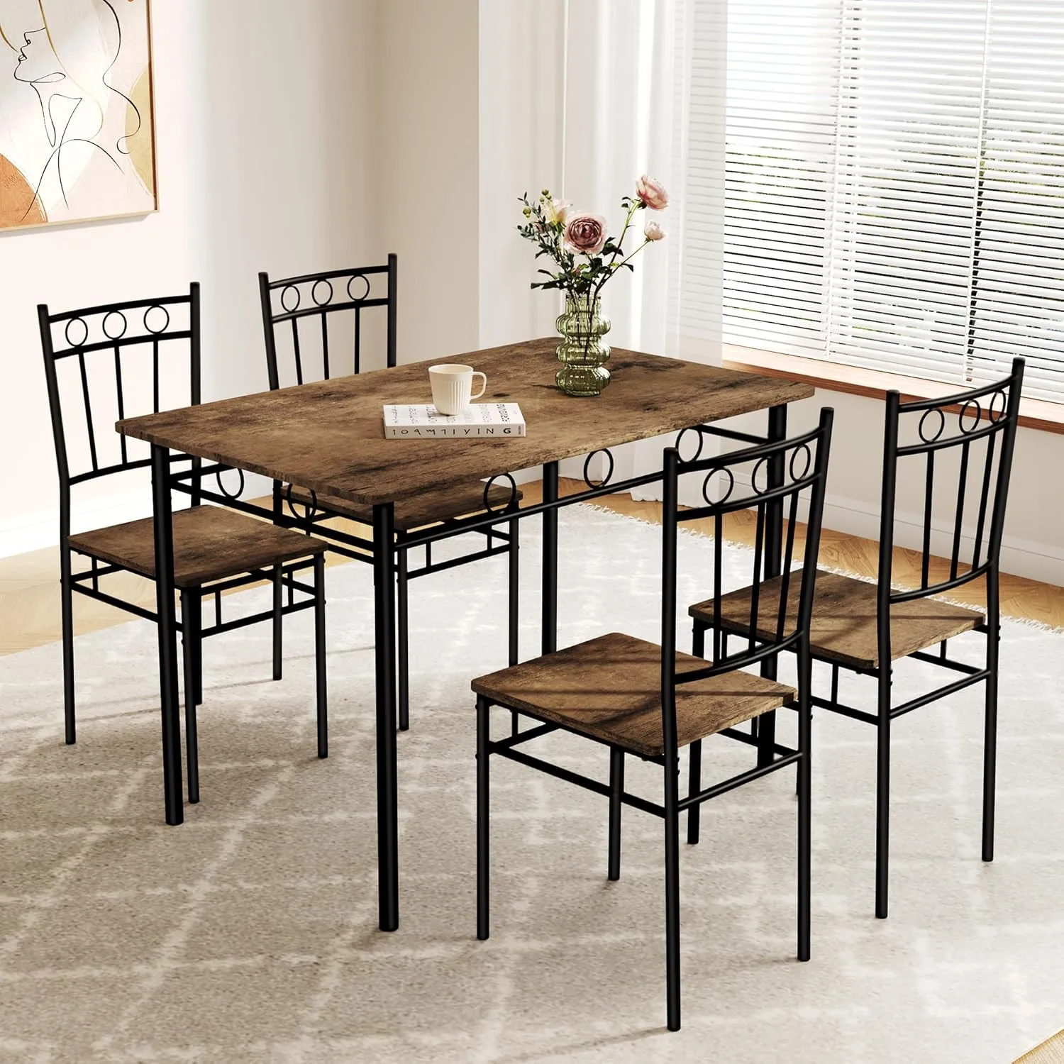 Dining Table Set for 4, 5-Piece Kitchen Table and Chairs, Rectangular Dining Roo