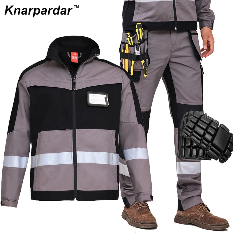 Men's Workwear Jacket Pants with Hi vis stripes and Knee pads Grey Black Construction Maintenance workers Working pants Suit