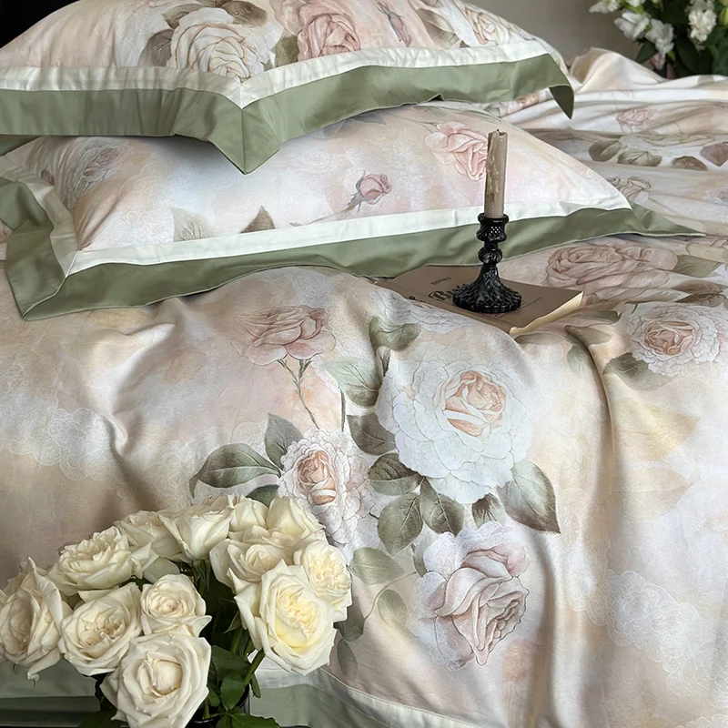 1000TC Egyptian Cotton Vintage French Rose Flower Print Bedding Set Duvet Cover Bed Sheet/Fitted Sheet Pillowcases Home Textiles