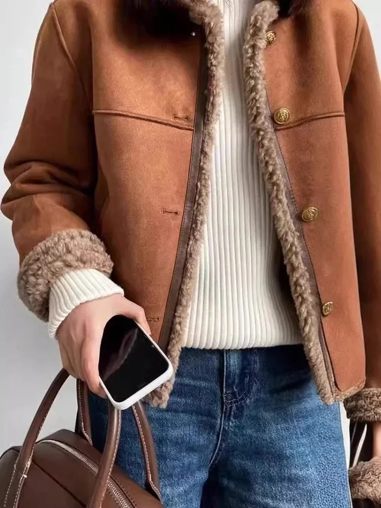 2025年 レディース ラムウール パッチワークコート 冬服 シングルブレスト 厚手 アウター ファッション 暖かい Oネック ジャケット